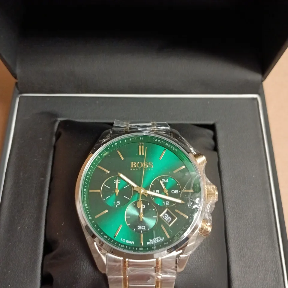 BOXED HUGO BOSS MEN'S CHRONOGRAPH WATCH - GREEN DIAL, STAINLESS STEEL BRACELET