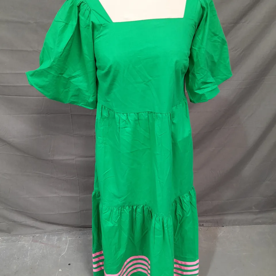 SUGARHILL BRIGHTON FRANKIE MIDI SMOCK DRESS IN GREEN PINK STRIPES SIZE 8