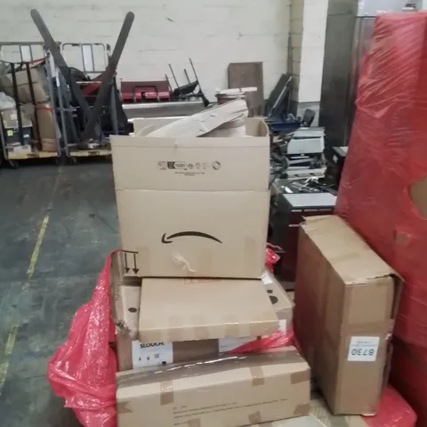 PALLET CONTAINING VARIOUS ASSORTED BOXED HOUSEHOLD ITEMS TO INCLUDE:SUN LOUNGER CUSHIONS OFFICE CHAIR AND LOTS MORE UNMARKED BOXED ITEMS