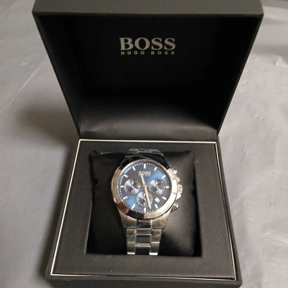 BOXED HUGO BOSS ALL STAINLESS STEEL WATCH WITH MIDNIGHT BLUE DIAL