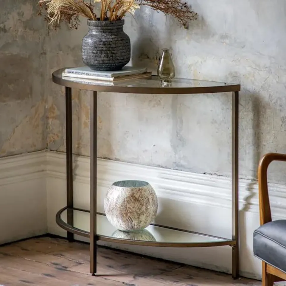 BOXED GALLERY DIRECT THURLOW CONSOLE TABLE - BRONZE/GLASS (1 BOX)