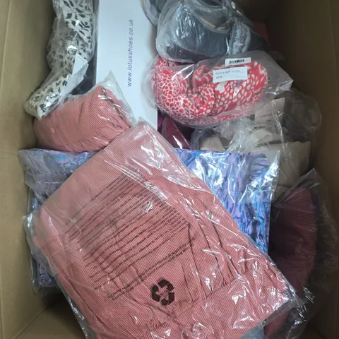 LARGE BOX OF APPROX 20 ASSORTED CLOTHING ITEMS IN VARIOUS STYLES , SIZES AND COLORS