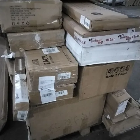 PALLET OF HOUSEHOLD ITEMS TO INCLUDE SHOE STORAGE BOX UNIT, PORTABLE PROJECTION SCREEN AND BATHROOM SHELVES 