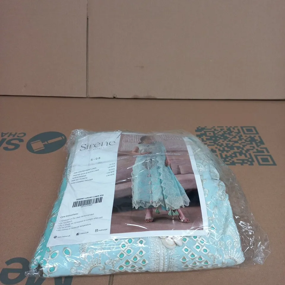 SIRENE LUXURY LAWN S26 TURQUOISE FABRIC KIT – PRINTED FRONT & BACK LAWN, SLEEVES WITH BORDER, EMBROIDERED DUPATTA, DYED CAMBRIC TROUSERS