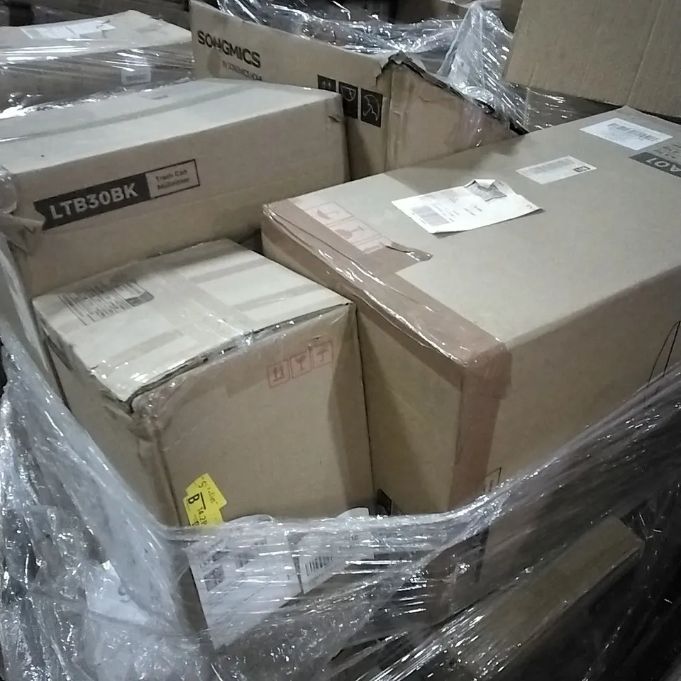 PALLET OF HOUSEHOLD ITEMS TO INCLUDE TRASH CANS, OFFICE CHAIR, DUMBELL,  WASHBASIN AND OTHER ASSORTED ITEMS...