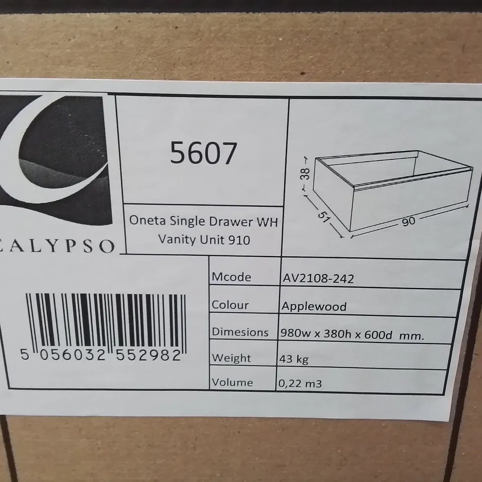 BOXED AS NEW CALYPSO ONETA SINGLE DRAWER WH VANITY UNIT IN APPLE WOOD - 980X380X600MM