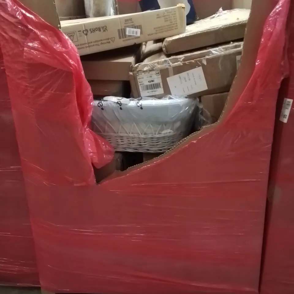 PALLET CONTAINING VARIOUS ASSORTED BOXED HOUSEHOLD ITEMS TO INCLUDE: POTATO PEELER, AREA RUG, SPRINKLERS SYSTEM, BABY MOSES BASKET AND LOTS MORE UNMARKED BOXED ITEMS 