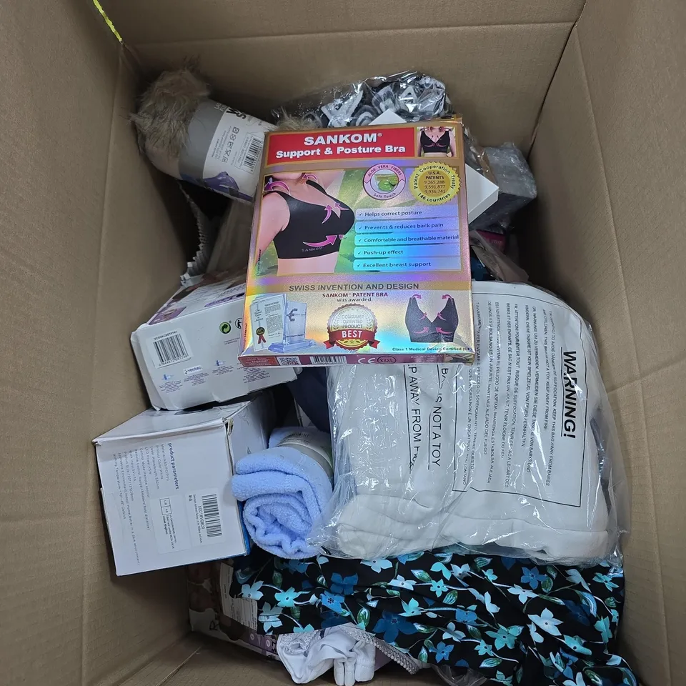 BOX OF APPROXIMATELY 20 ASSORTED HOUSEHOLD ITEMS TO INCLUDE COMFORTISSE PUSH BRA SET, SUPPORT AND POSTURE BRA, WELLIE SOCKS, FACE MASK AND EYE PAD SET ETC
