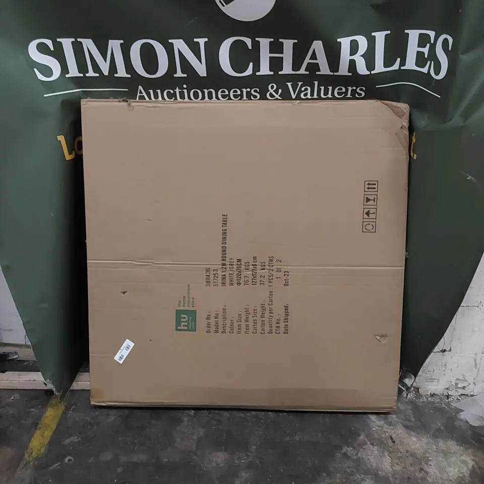 BOXED IRINA 1.2M ROUND DINING TABLE - GREY/WHITE (INCOMPLETE. BOX 1 OF 2 ONLY, BOX 2 OF 2 MISSING)