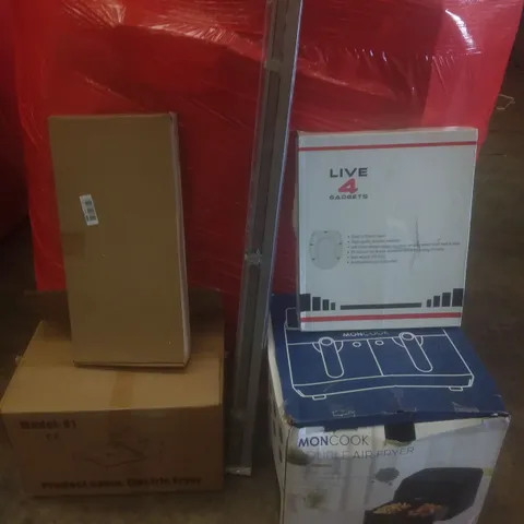 PALLET OF ASSORTED ITEMS INCLUDING ELECTRIC FRYER, AIR FRYER, TOILET SEAT, BLINDS, KITCHEN SINK TAPS