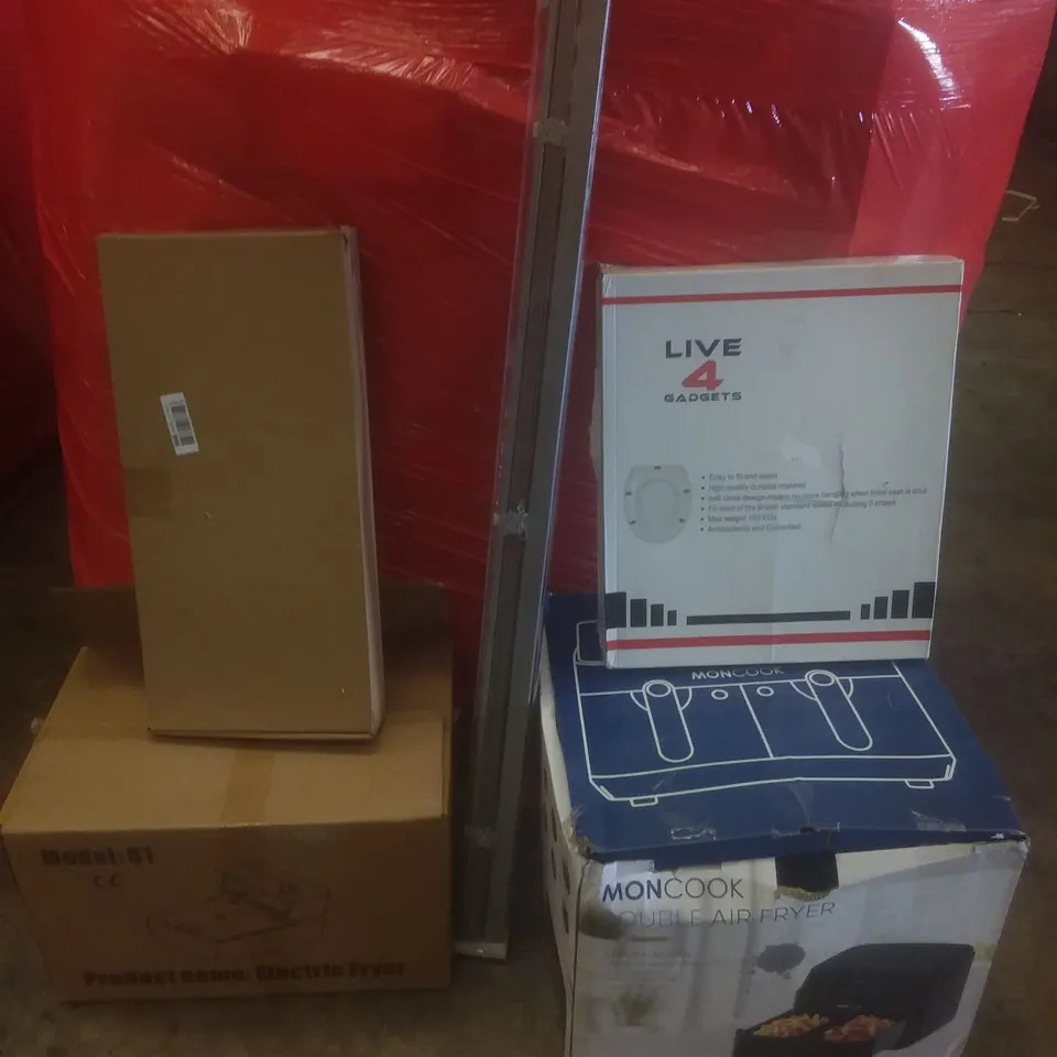 PALLET OF ASSORTED ITEMS INCLUDING ELECTRIC FRYER, AIR FRYER, TOILET SEAT, BLINDS, KITCHEN SINK TAPS