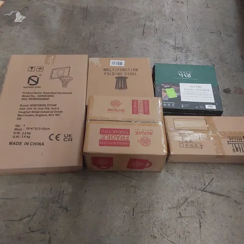 PALLET OF ASSORTED ITEMS INCLUDING: BASKETBALL BACKBOARD, MULTIFUNCTIONAL FOLDING STOOL, PIZZA STONE, MUGS ECT