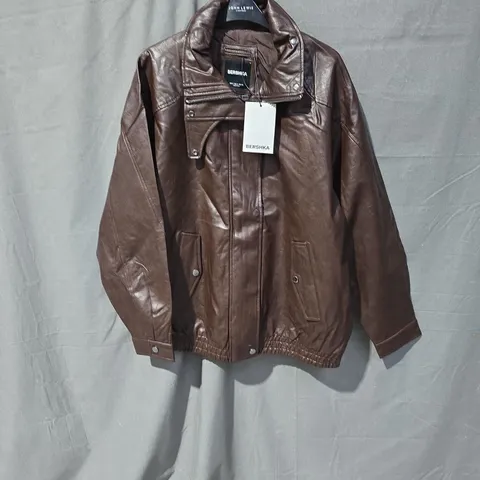 Bershka Brown Leather-Effect Biker Jacket – Size S (EU S) 
