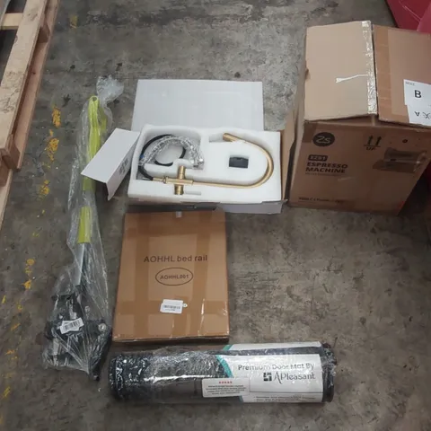 PALLET OF ASSORTED ITEMS INCLUDING: ESPRESSO MACHINE, TAP, WEED PULLER, BED RAIL, PREMIUM DOOR MAT ECT