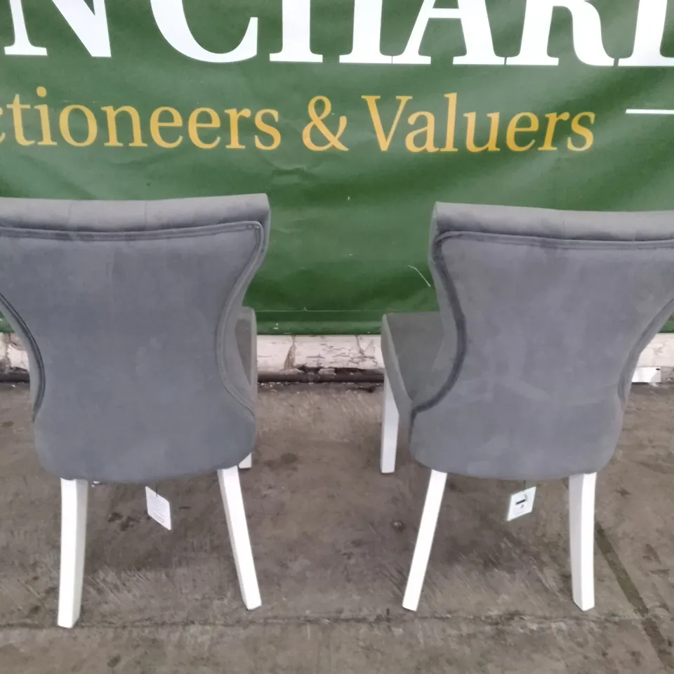 SET OF 2 NEW REGENT LIGHT GREY FABRIC BUTTON BACK DINING CHAIRS (WHITE LEG)