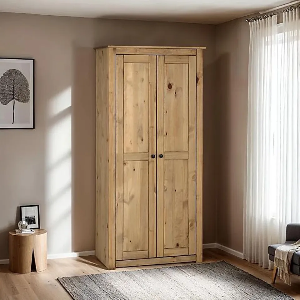 BOXED PANAMA WAXED PINE FINISH 2 DOOR WARDROBE (2 BOXES)