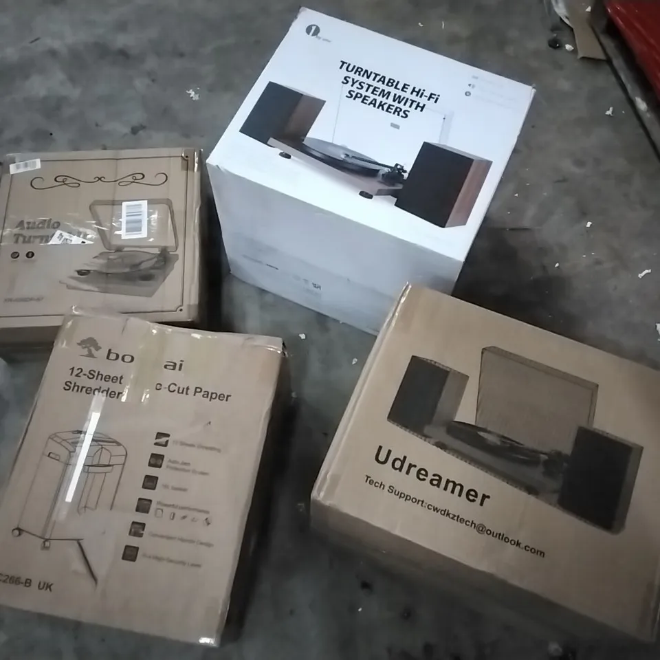 PALLET OF HOUSEHOLD ITEMS TO INCLUDE AUDIO TURNTABLE, TURNTABLE SYSTEM, SHREDDER, UDREAMER AND OTHER ASSORTED ITEMS...