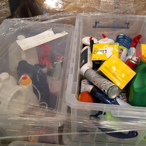 PALLET CONTAINING LARGE ASSORTMENT OF CLEANING PRODUCTS IN CLEAR STORAGE BOXES