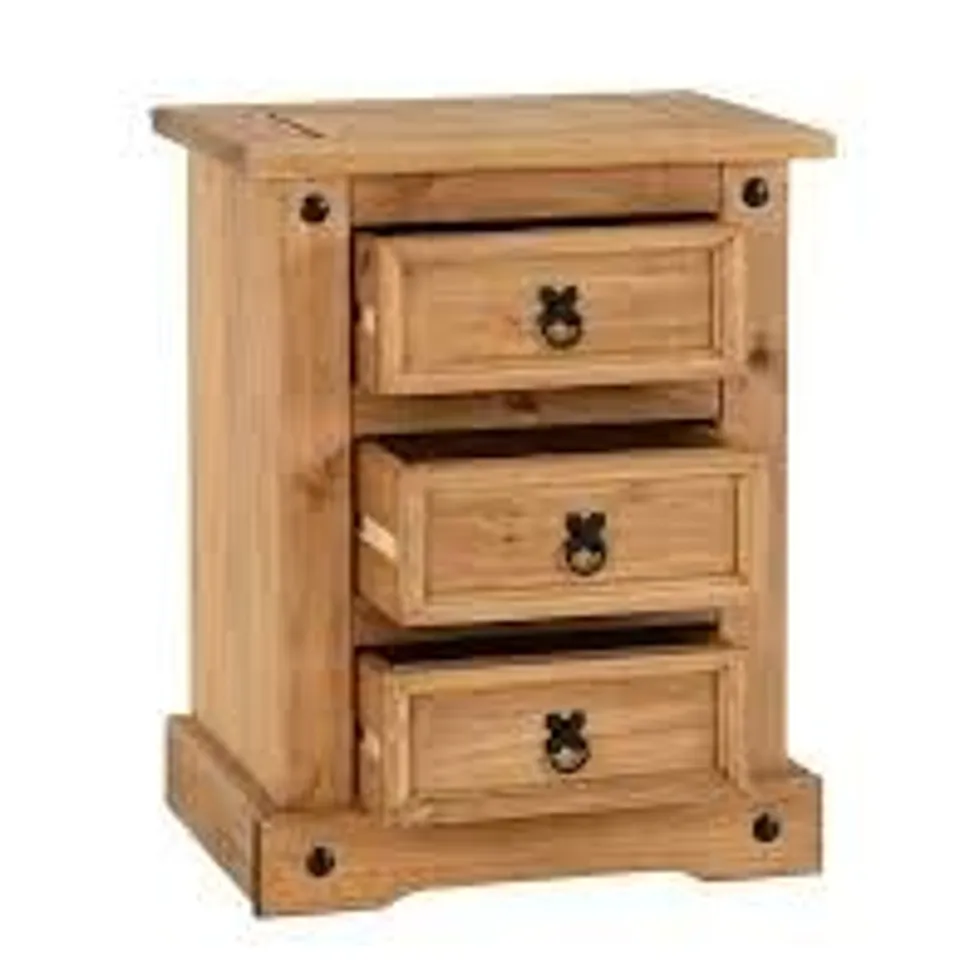 BOXED SECONIQUE CORONA 3 DRAWER BEDSIDE TABLE - DISTRESSED WAX PINE (1 BOX)