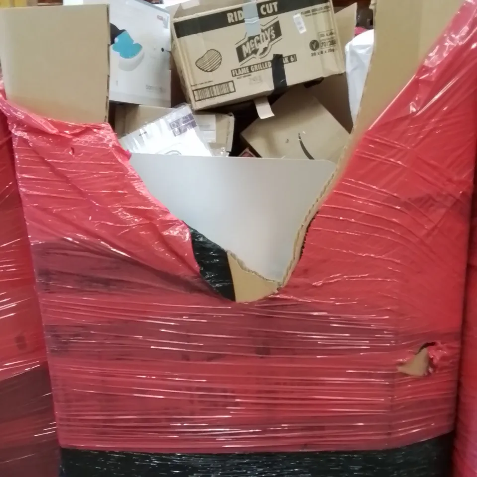 PALLET CONTAINING VARIOUS ASSORTED BOXED HOUSEHOLD ITEMS TO INCLUDE: FLOOR MATS, SPRINKLERS,  SEAT CUSHION, MOUNTING ADAPTER AND LOTS MORE UNMARKED BOXED ITEMS 