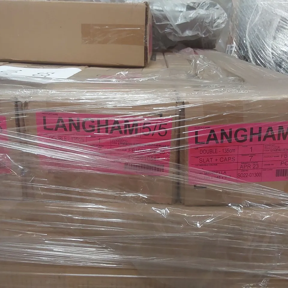 PALLET CONTAINING A VERY LARGE QUANTITY OF ASSORTED DESIGNER FURNITURE PARTS INCLUDING: BED PARTS ECT