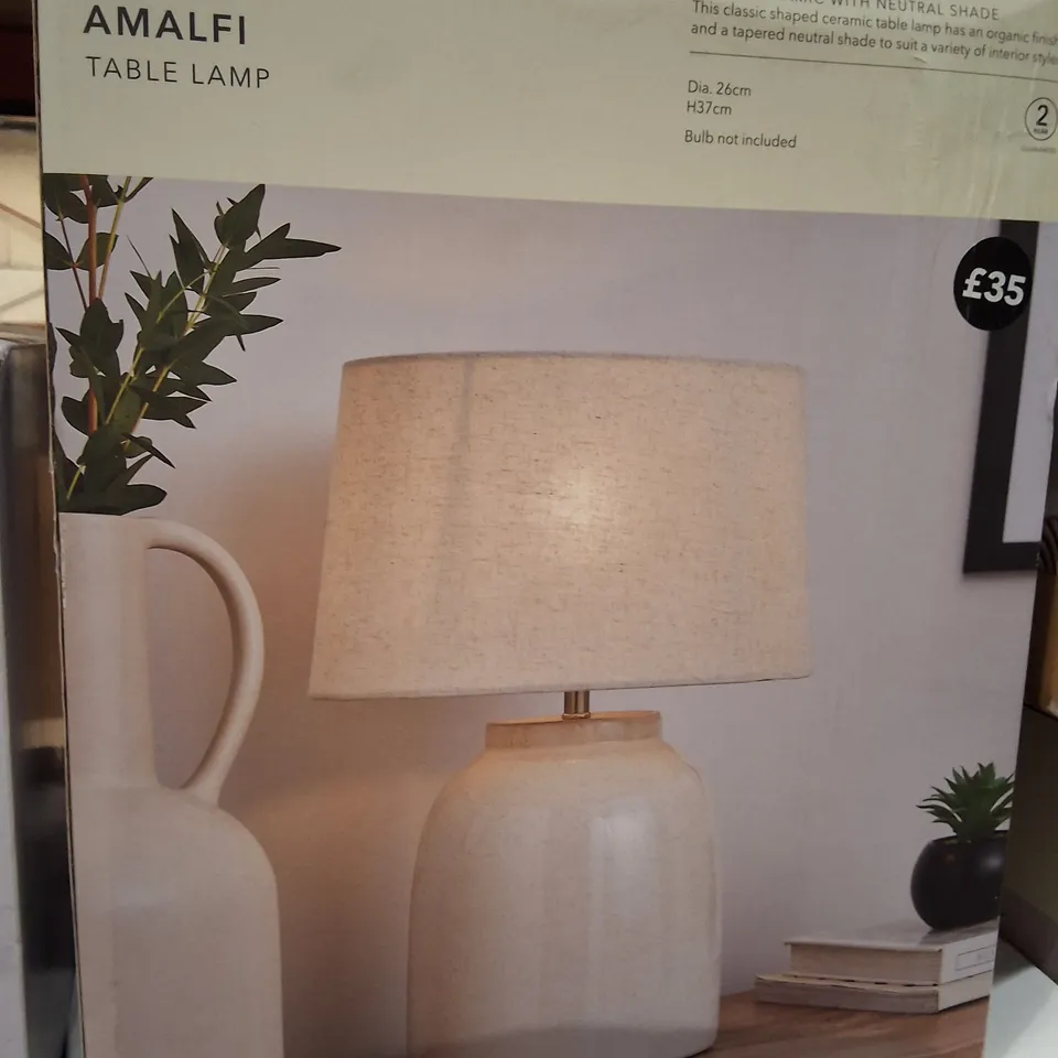 BOXED DUNELM AMALFI TABLE LAMP WHITE CERAMIC BASE WITH NEUTRAL SHADE