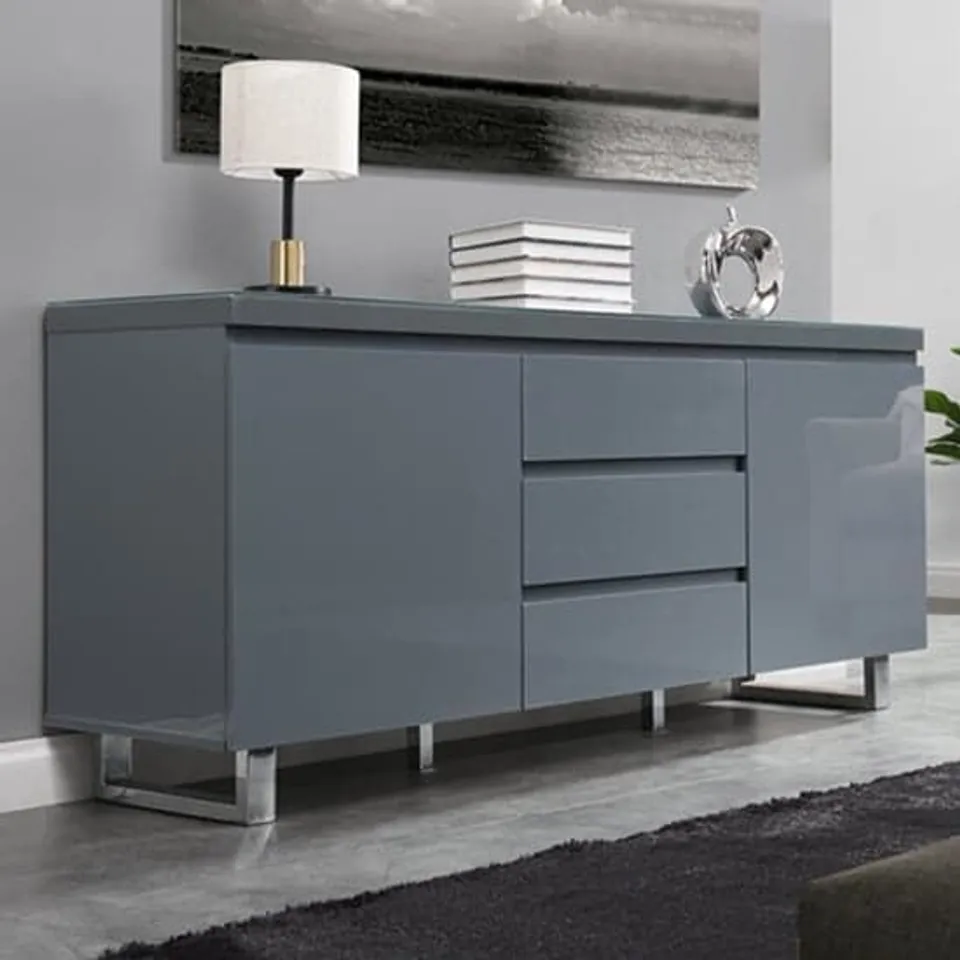 BOXED SYDNEY LARGE SIDEBOARD IN STRADA GREY HIGH GLOSS WITH 2 DOORS AND 3 DRAWERS (2 BOXES)