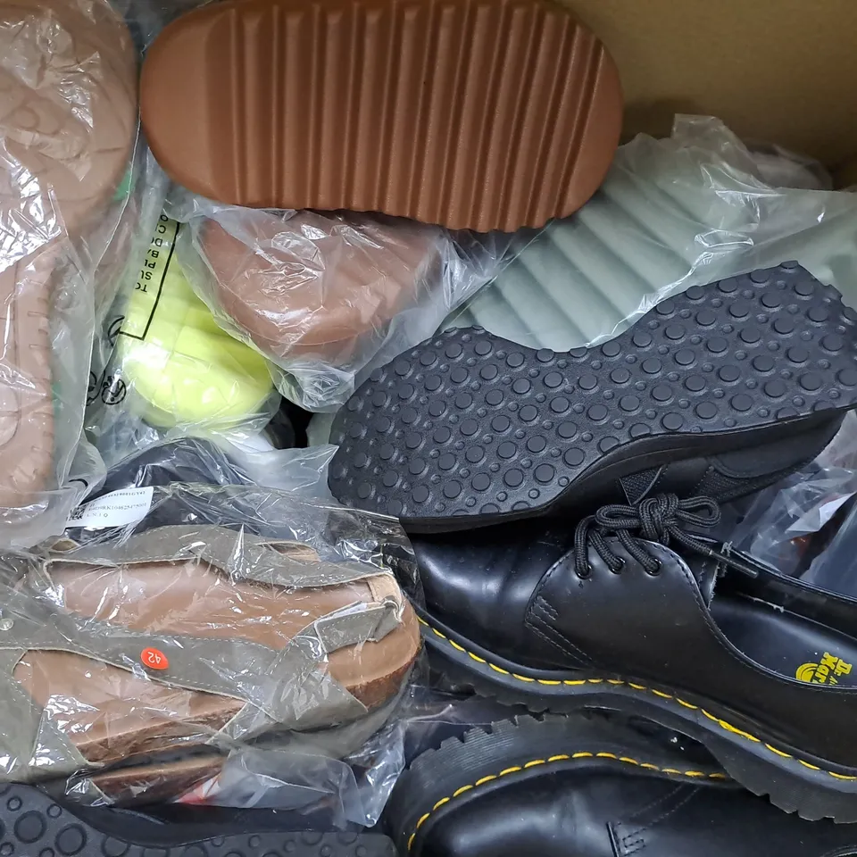 BOX OF APPROXIMATELY 15 ASSORTED PAIRS OF SHOES AND FOOTWEAR ITEMS IN VARIOUS COLOURS, STYLES, AND SIZES - COLLECTION ONLY