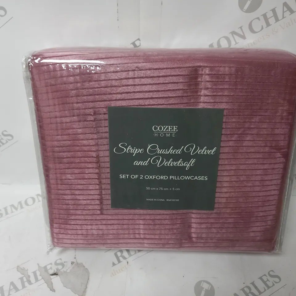 COZEE HOME STRIPE CRUSHED VELVET AND VELVETSOFT SET OF 2 OXFORD PILLOWCASES IN VINTAGE ROSE