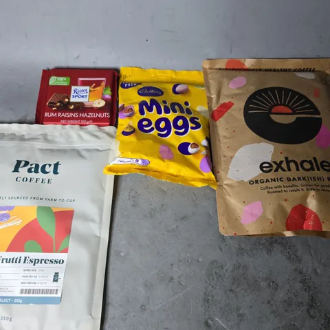 APPROXIMATELY 15 ASSORTED FOOD ITEMS TO INCLUDE - MINI EGGS , PACT COFFEE TUTTI FRUTTI ESPRESSO ETC