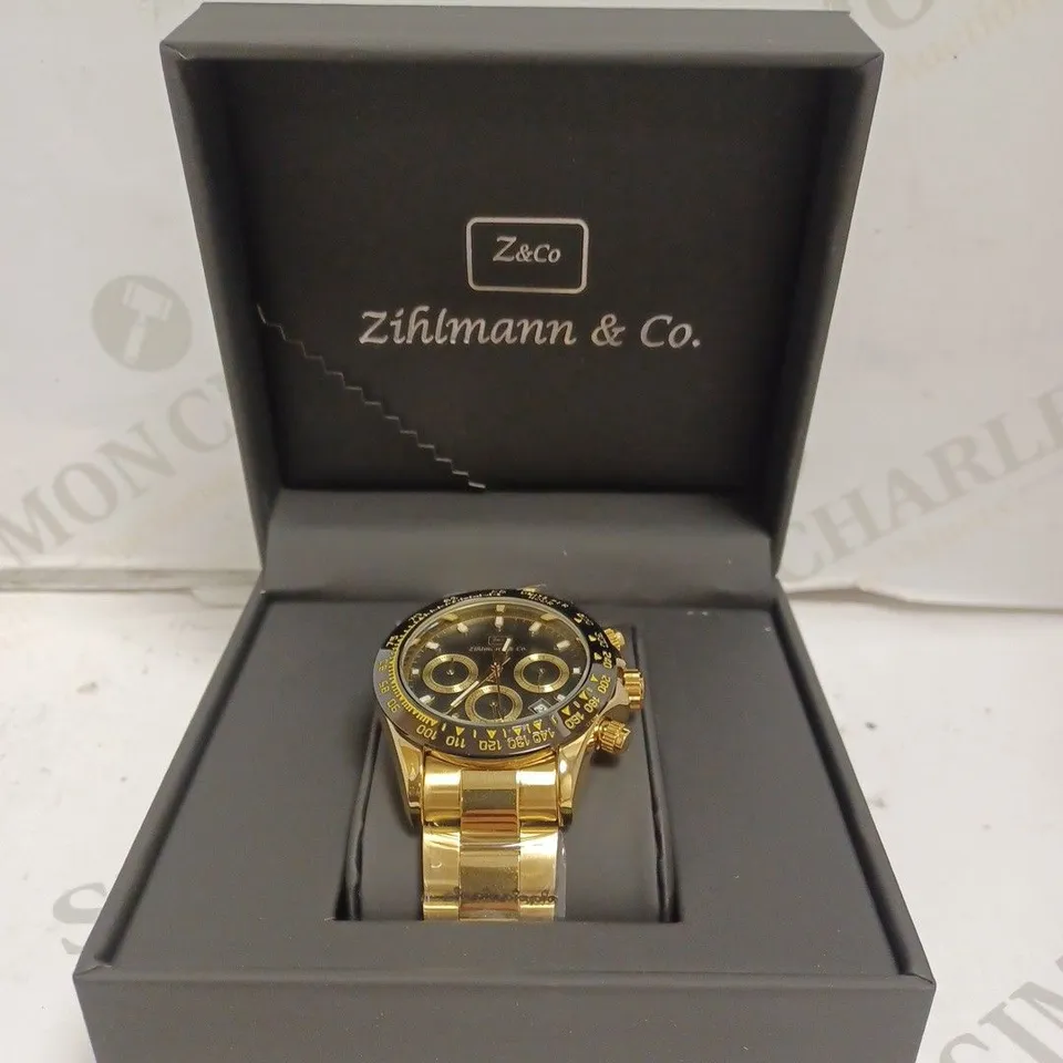 MENS ZIHLMANN & Co Z400 WATCH – CHRONOGRAPH MOVEMENT – GOLD COLOUR STAINLESS STEEL STRAP – GREEN DIAL – 3ATM WATER RESISTANT