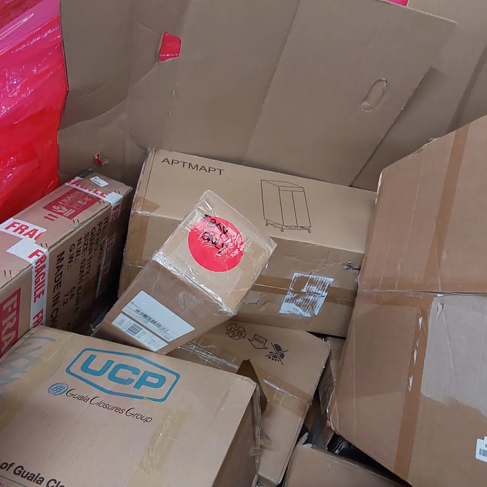 PALLET OF ASSORTED CONSUMER PRODUCTS TO INCLUDE: PATIO UMBRELLA, AIR COOLER, ELECTRIC CLOTHES DRYER, BATHROOM MIRROR CABINET ECT