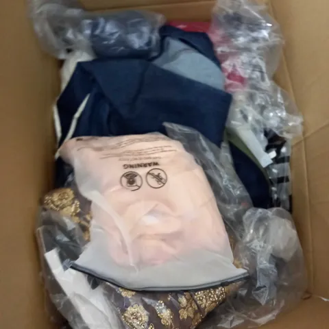 BOX OF ASSORTED CLOTHING ITEMS TOO INCLUDE DRESSES , SHIRTS AND TROUSERS IN VARIOUS SIZES AND COLOURS