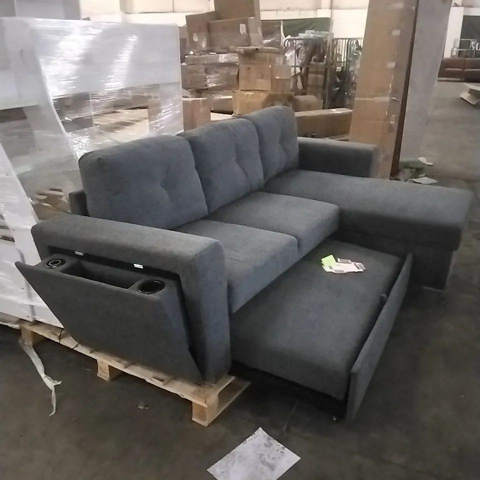CHARCOAL GREY FABRIC MODULAR CORNER SOFA WITH A CHAISE LOUNGE AND A STORAGE COMPARTMENT