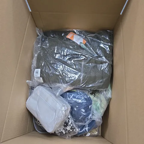 BOX OF APPROXIMATELY 20 ASSORTED CLOTHING ITEMS IN VARIOUS STYLES , COLOURS AND SIZES