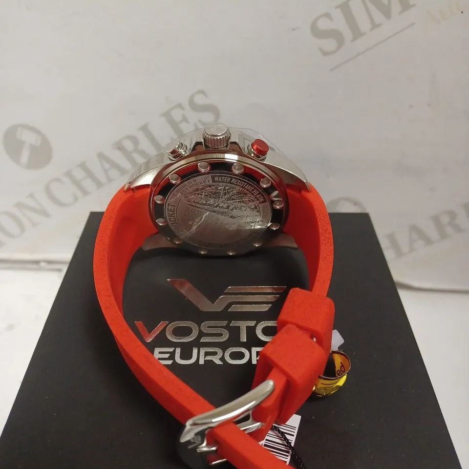 BOXED VOSTOK EUROPE N1 ROCKET WATCH - STAINLESS STEEL FACE - RUBBER STRAP - WATER RESISTANT 20 ATM - SUB DIAL.