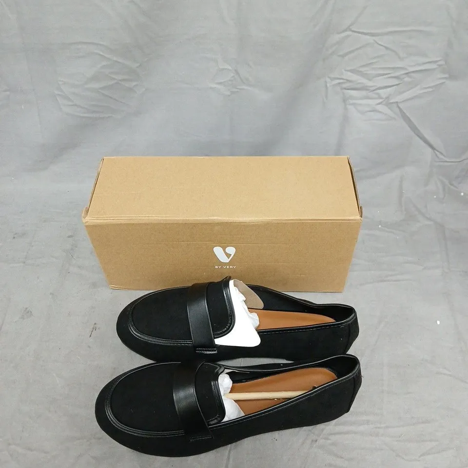 VERY LADIES' BLACK SUEDE SLIP-ON LOAFERS – EXTRA WIDE FIT, UK 7 (EU 40) – BOXED