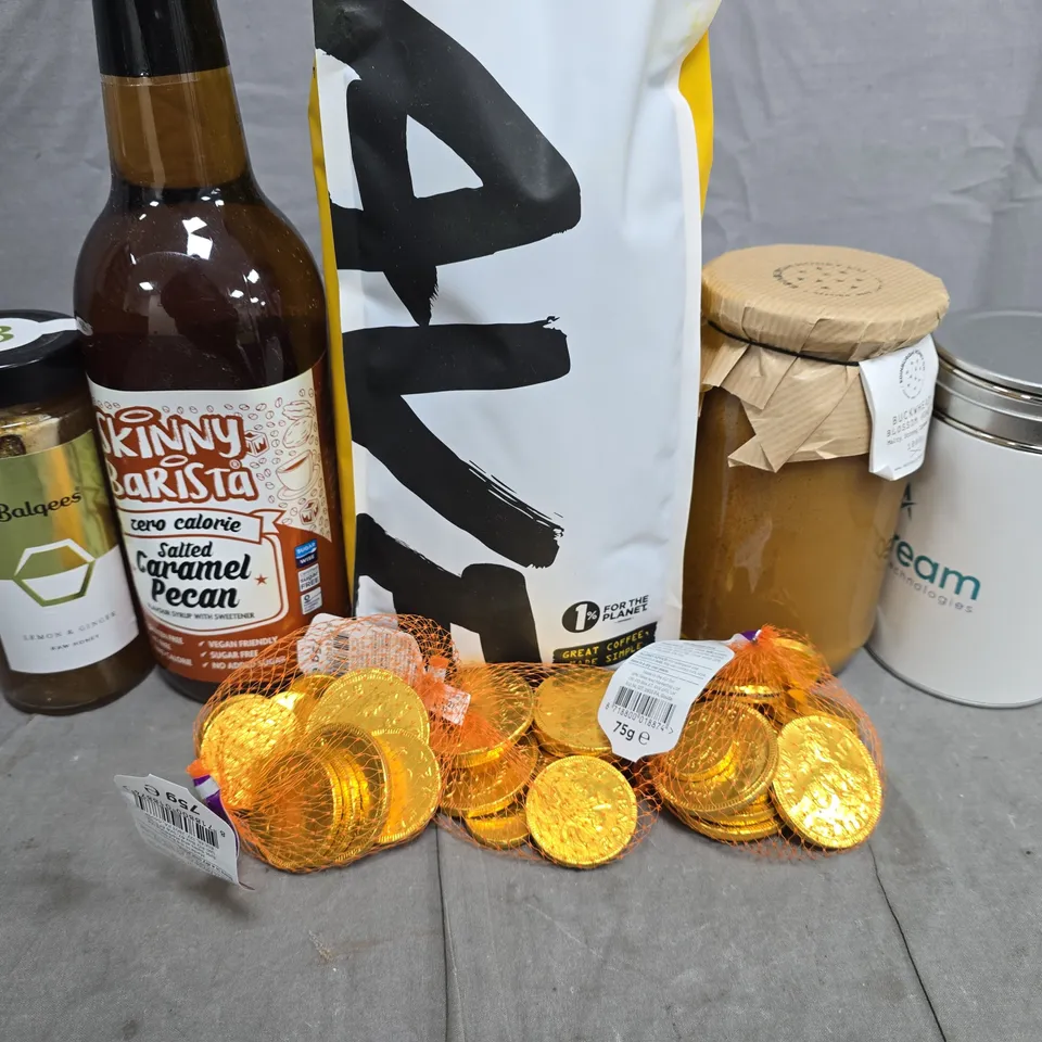 APPROXIMATELY 5 ASSORTED FOOD ITEMS TO INCLUDE - CHOCOLATE COINS, HONEY AND COFFEE
