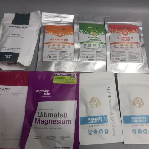 LOT OF 8 ASSORTED FOOD SUPPLEMENTS TO INCLUDE CBD GUMMIES, SEAMOSS COMPLEX, DONG QUAI AND GARCINIA CAMBOGIA