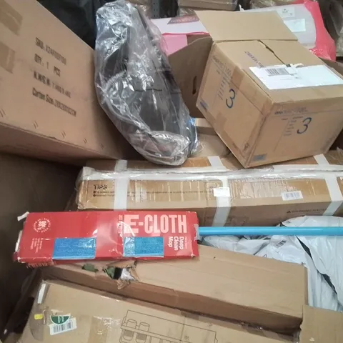 PALLET CONTAINING VARIOUS ASSORTED BOXED HOUSEHOLD ITEMS TO INCLUDE: UTENSIL HOOKS, BABY PLAYPEN, TENT, E-CLOTH AND LOTS MORE UNMARKED BOXED ITEMS