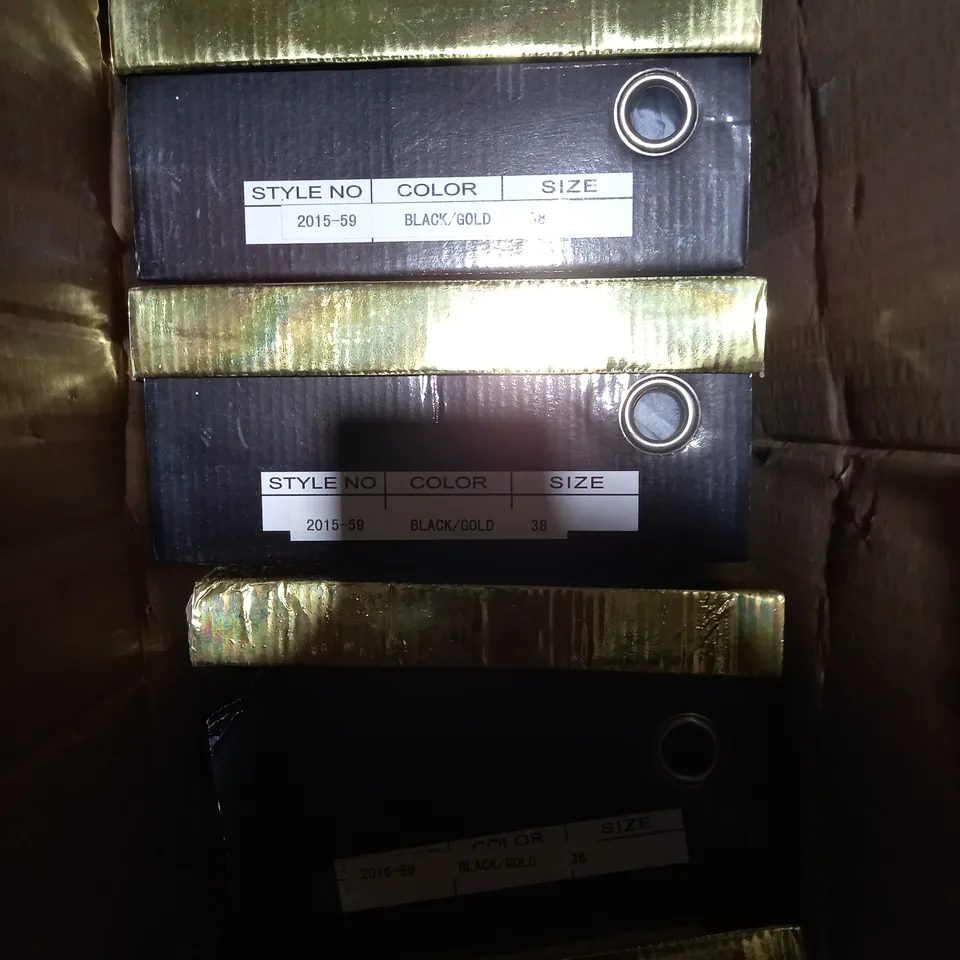APPROXIMATELY 9 BOXED PAIRS OF SPRIRER BLOCK HEELED SANDALS IN BLACK/GOLD VARIOUS SIZES TO INCLUDE SIZE 38EU 