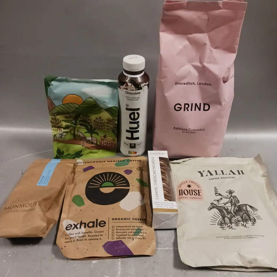 10 X ASSORTED FOOD/DRINK PRODUCTS TO INCLUDE GRIND COFFEE, HOTEL CHOCOLAT CHEESECAKE MACARONS, HUEL MEAL DRINK ETC - COLLECTION ONLY  