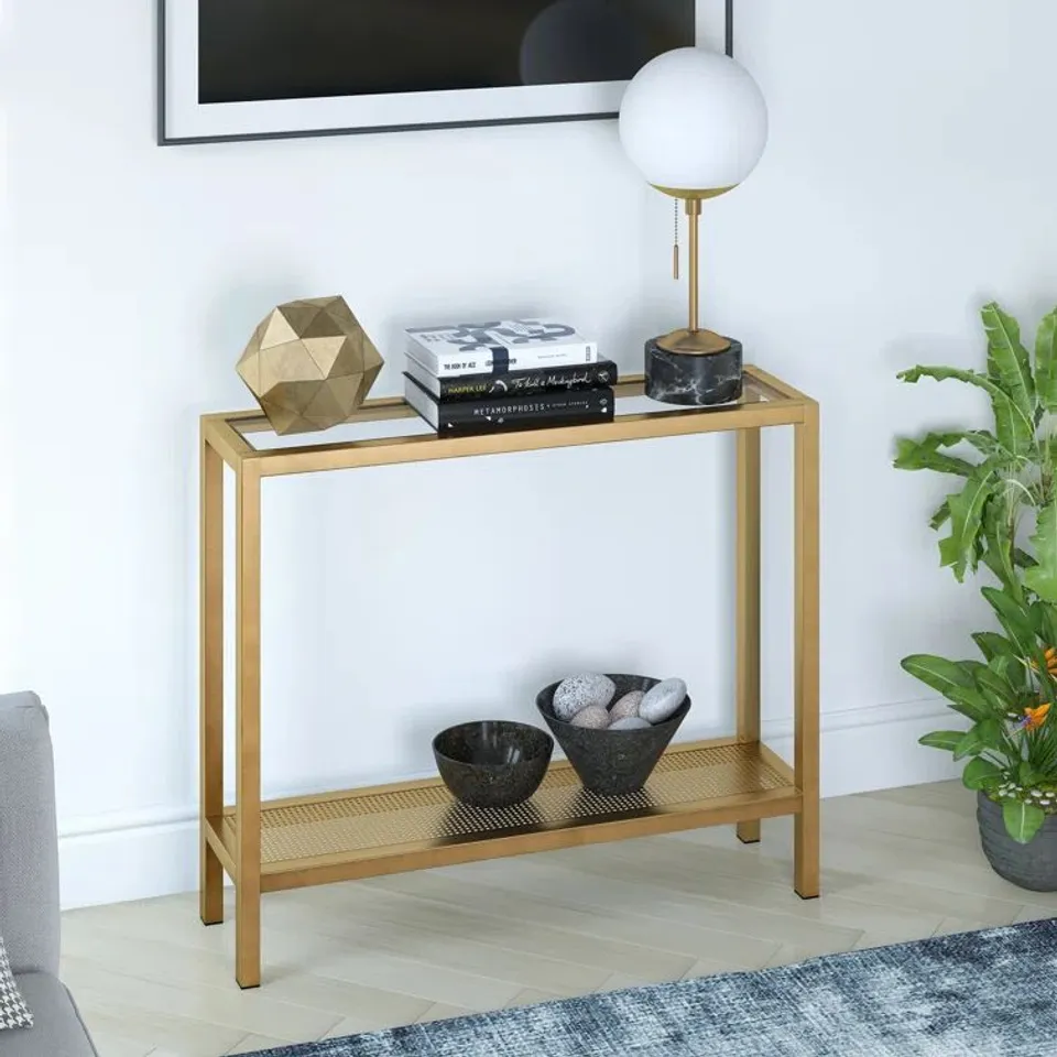 BOXED CONSOLE TABLE WITH BRUSHED BRASS FINISH 