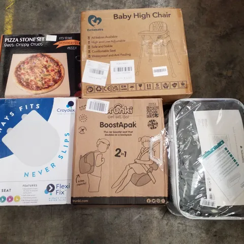 PALLET CONTAINING ASSORTED PRODUCTS INCLUDING PIZZA STONE SET, BABY HIGH CHAIR, TOILET SEAT, BOOSTER SEAT/BACKPACK & ELECTRIC HEATED THROW