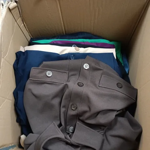 BOX OF APPROXIMATELY 15 ASSORTED CLOTHING ITEMS IN VARIOUS STYLES , COLOURS AND SIZES
