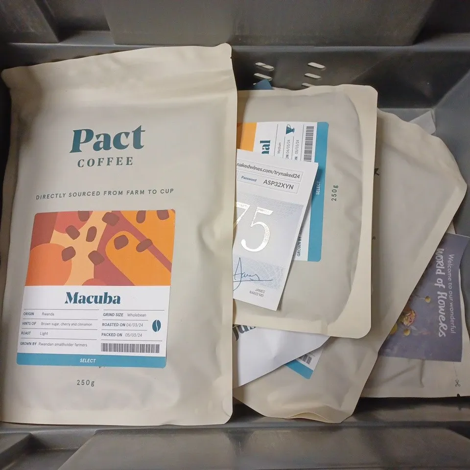 BOX OF APPROX 10 ASSORTED FOOD ITEMS TO INCLUDE - PACT COFFEE CAFEINA PINHAL - LAVAZZA CREMA E AROMA - M&S SHORTBREAD ECT