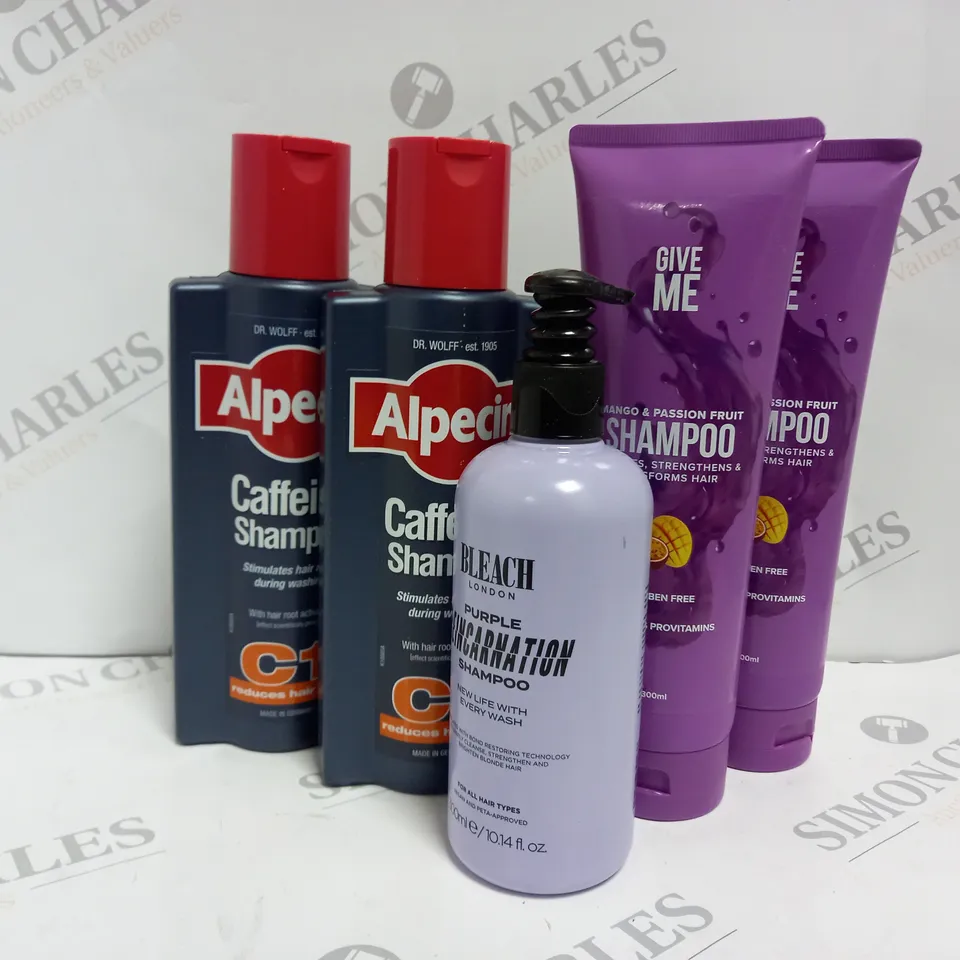 5 ASSORTED HAIRCARE PRODUCTS TO INCLUDE BLEACH LONDON PURPLE REINCARNATION SHAMPOO, ALPECIN CAFFEINE SHAMPOO, GIVE ME MANGO & PASSION FRUIT SHAMPOO 