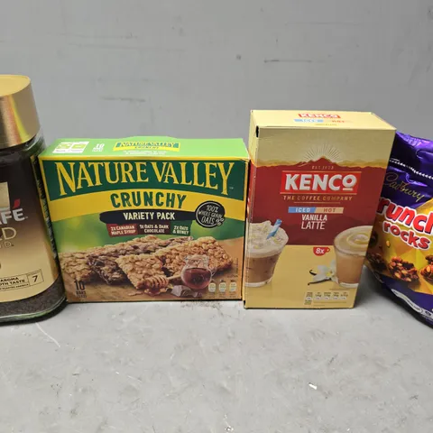 APPROXIMATELY 6 ASSORTED FOOD & DRINK ITEMS TO INCLUDE -NESCAFE GOLD , KENCO VANILLA LATTE , CADBURYS CRUNCHIE ROCKS ETC