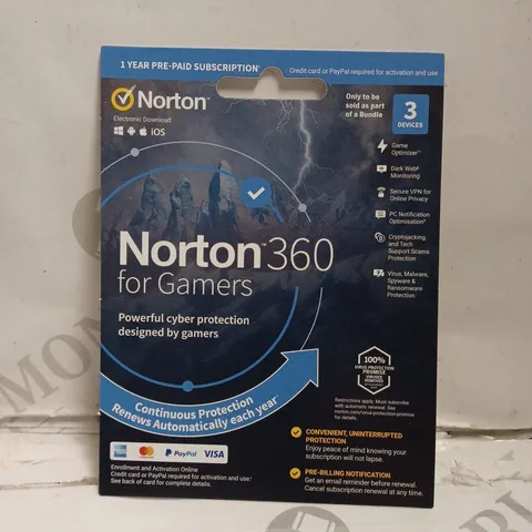 APPROXIMATELY 15 NORTON 360 FOR GAMERS ANTI-VIRUS SOFTWARE - 1 YEAR PRE-PAID SUBSCRIPTION