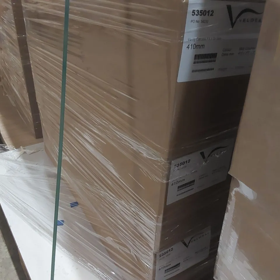 PALLET CONTAINING A LARGE QUANTITY OF ASSORTED BATHROOM FURNITURE PARTS INCLUDING: VELDEAU VANITY CARCASSES ECT